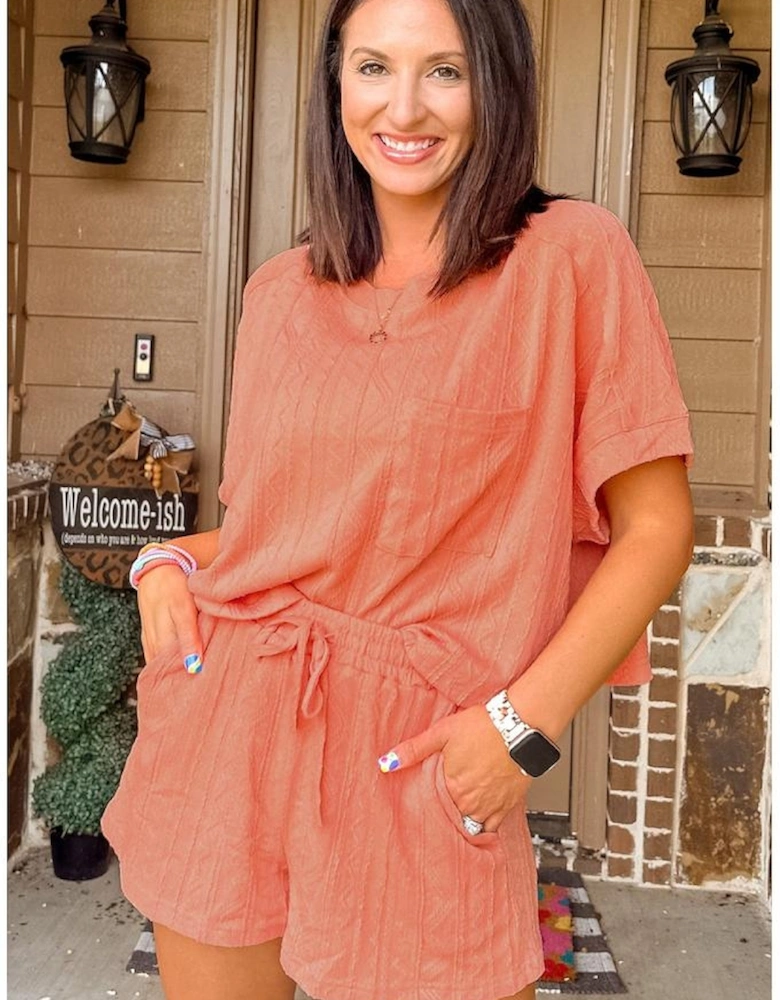 Pale Chestnut Textured Patched Pocket Short Sleeve Top Drawstring Shorts Set