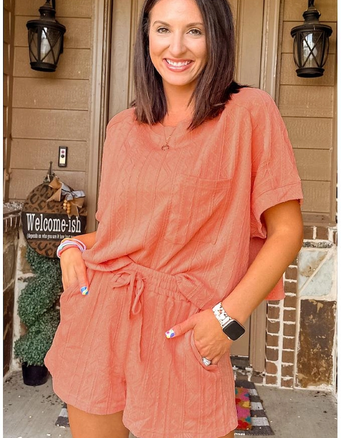 Pale Chestnut Textured Patched Pocket Short Sleeve Top Drawstring Shorts Set