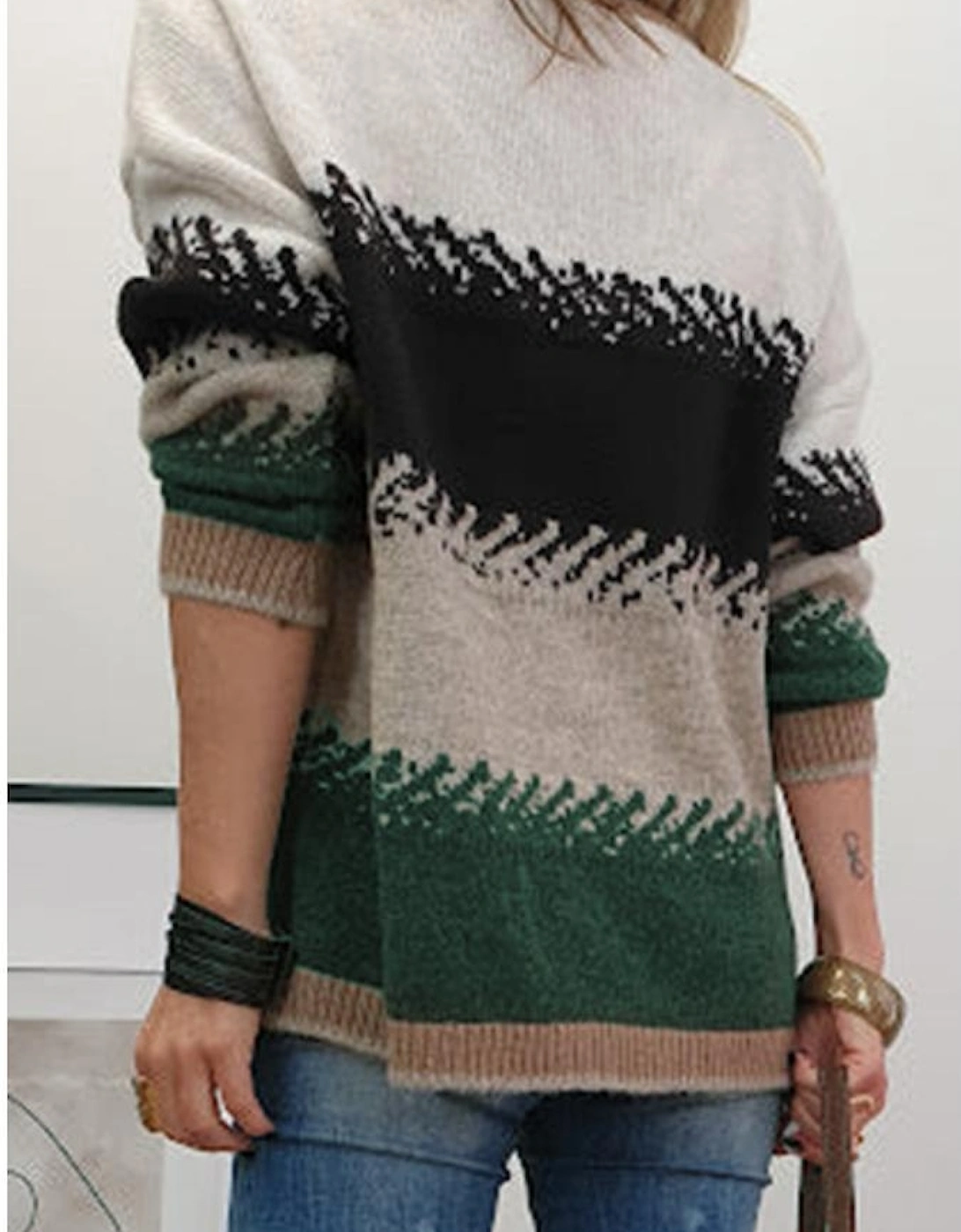 Black Stylish Color Block Pattern Drop Shoulder Sweater, 6 of 5
