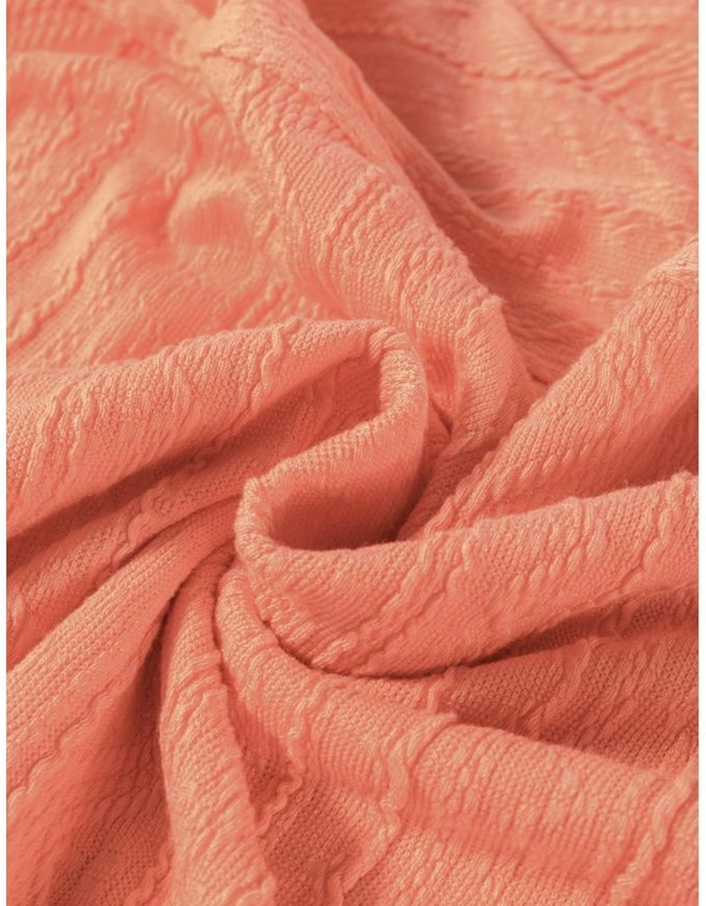 Pale Chestnut Textured Patched Pocket Short Sleeve Top Drawstring Shorts Set