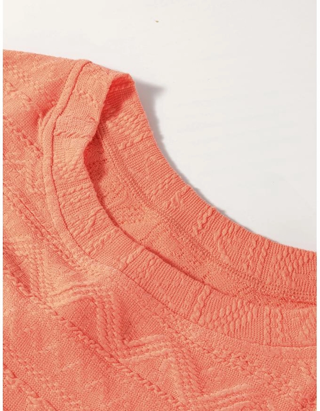 Pale Chestnut Textured Patched Pocket Short Sleeve Top Drawstring Shorts Set