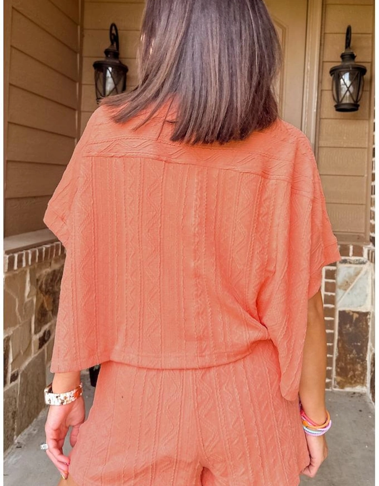 Pale Chestnut Textured Patched Pocket Short Sleeve Top Drawstring Shorts Set