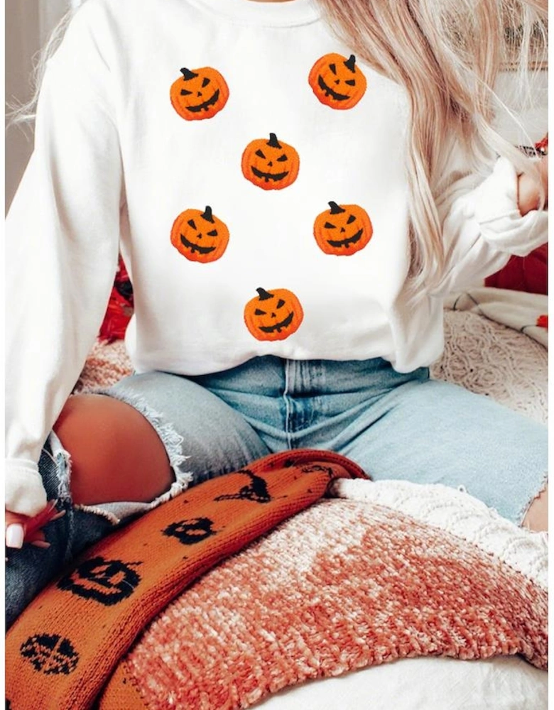 White Pumpkin Face Patched Pattern Halloween Crew Neck Sweatshirt