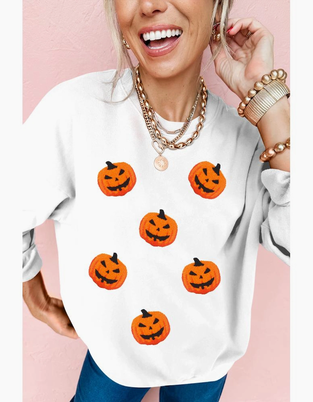 White Pumpkin Face Patched Pattern Halloween Crew Neck Sweatshirt