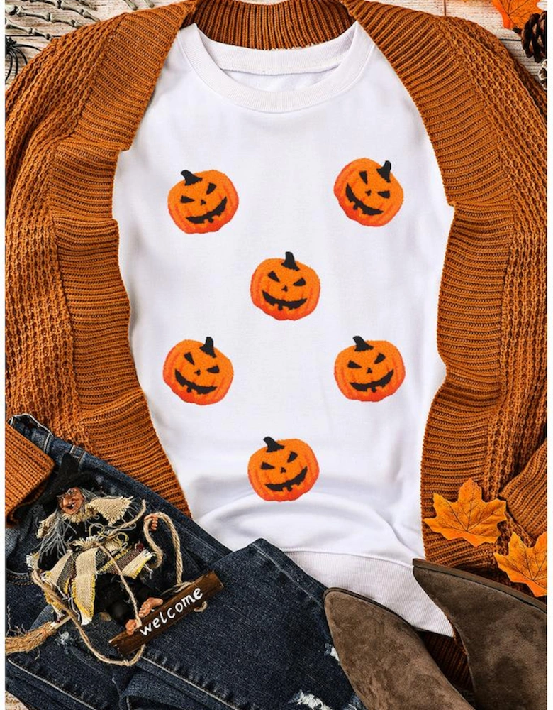 White Pumpkin Face Patched Pattern Halloween Crew Neck Sweatshirt