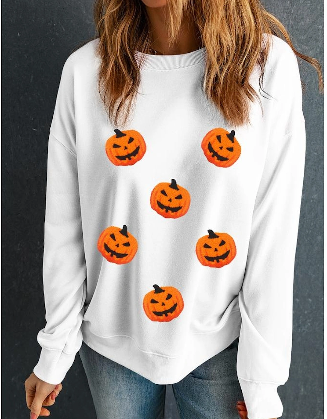 White Pumpkin Face Patched Pattern Halloween Crew Neck Sweatshirt