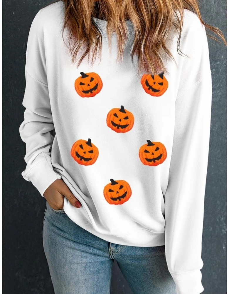 White Pumpkin Face Patched Pattern Halloween Crew Neck Sweatshirt