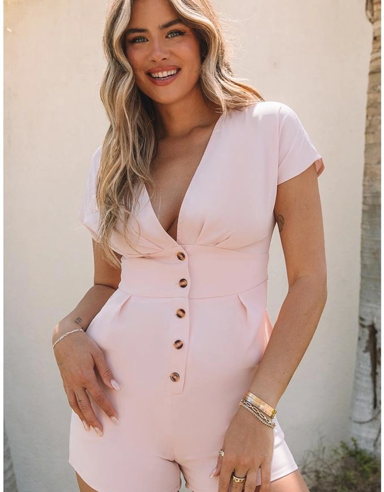 Pink Deep V Neck Buttoned High Waist Romper