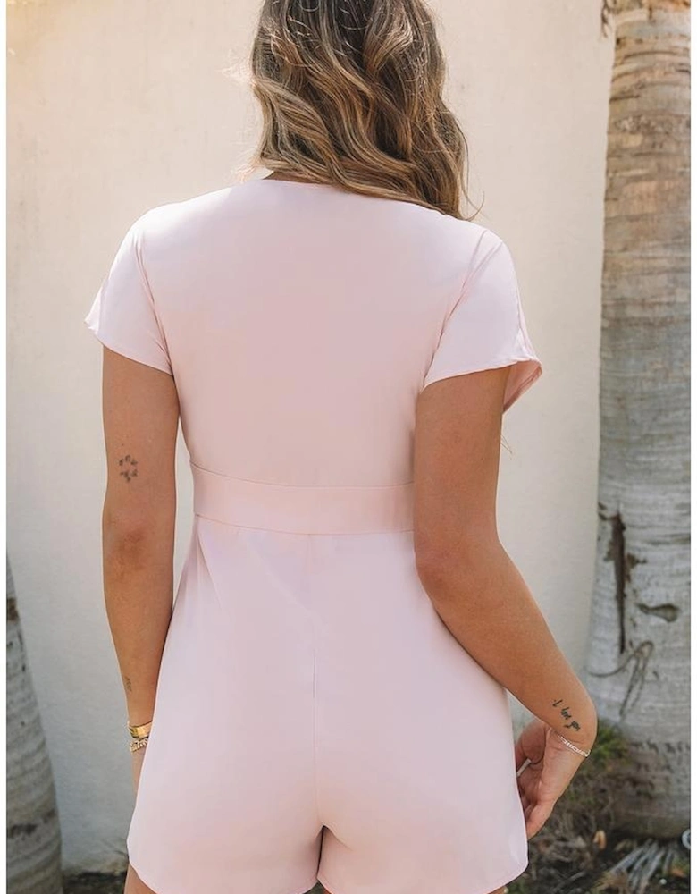 Pink Deep V Neck Buttoned High Waist Romper