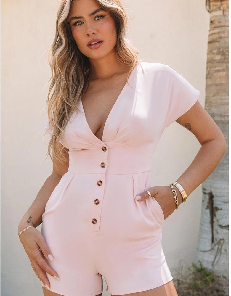 Pink Deep V Neck Buttoned High Waist Romper