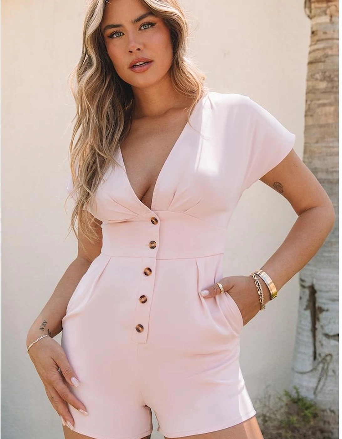 Pink Deep V Neck Buttoned High Waist Romper