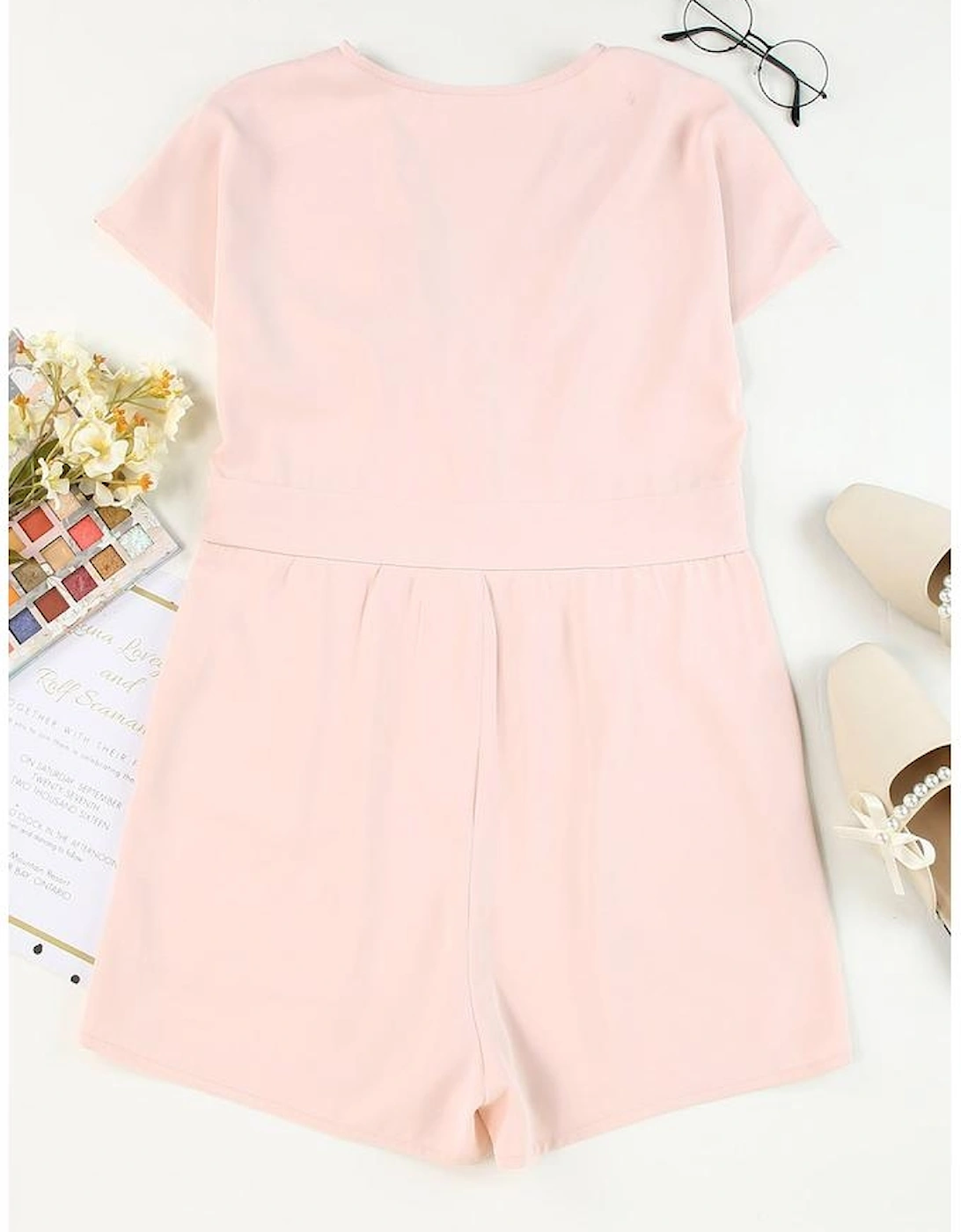Pink Deep V Neck Buttoned High Waist Romper