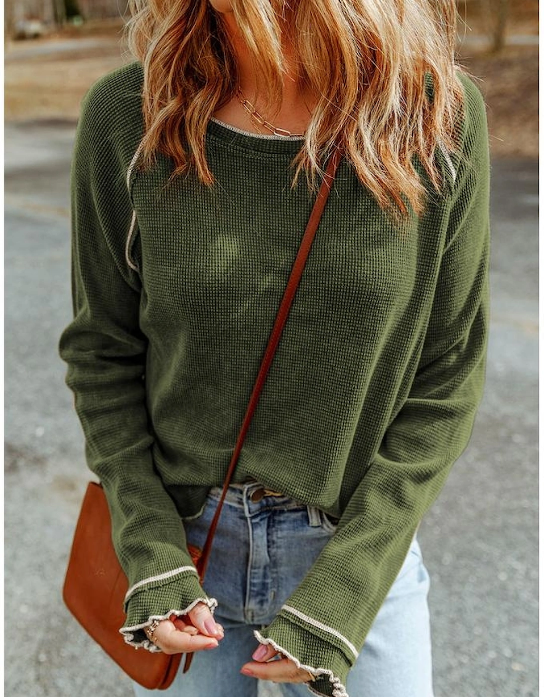 Green Textured Round Neck Long Sleeve Top
