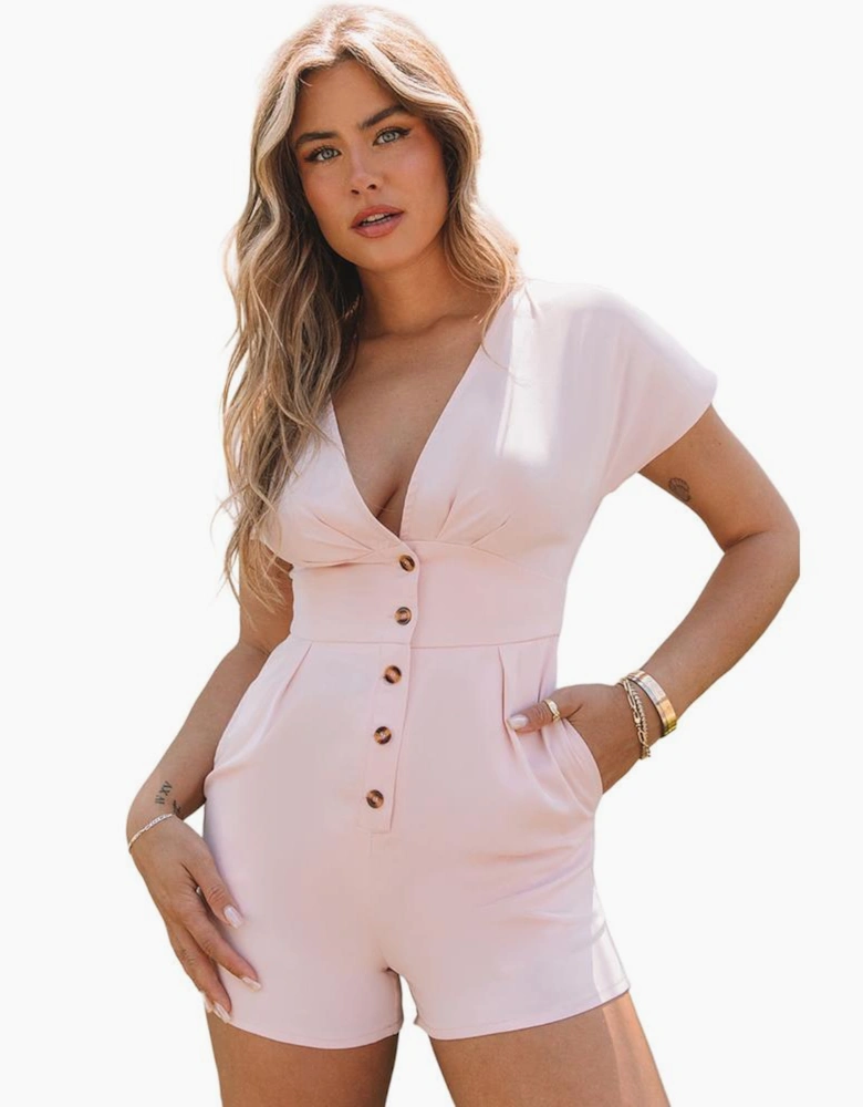 Pink Deep V Neck Buttoned High Waist Romper