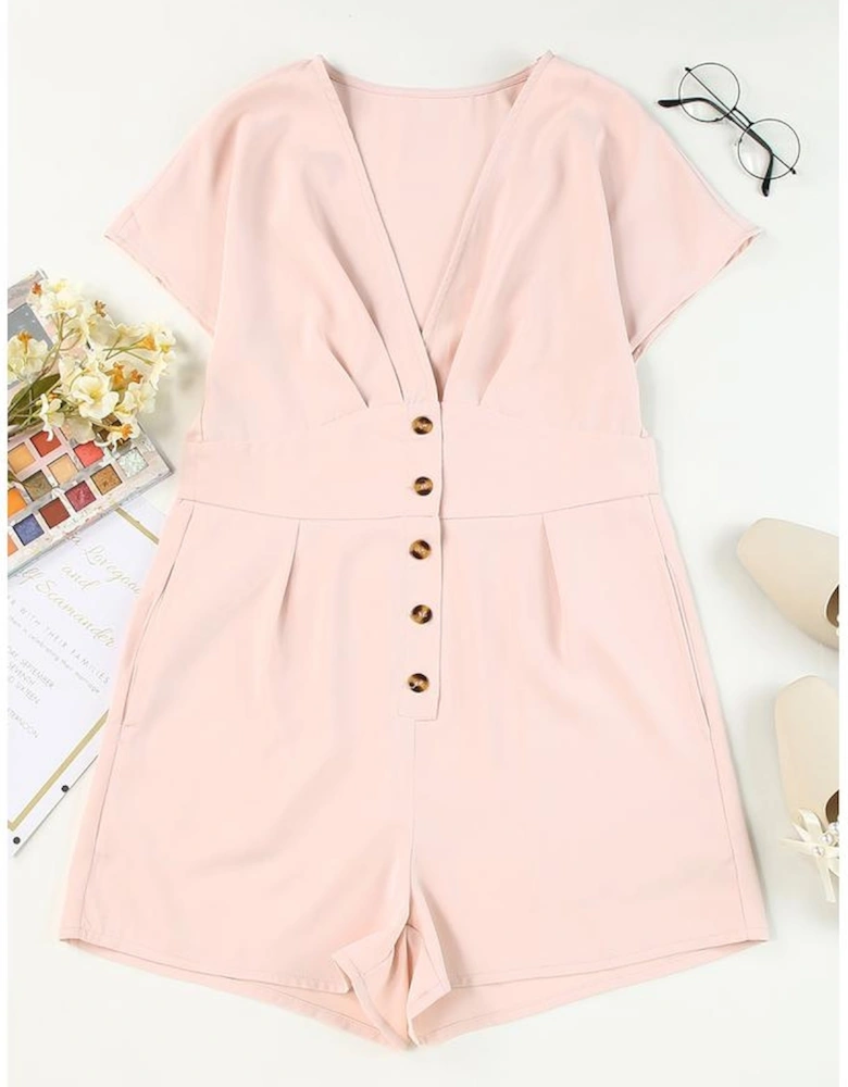 Pink Deep V Neck Buttoned High Waist Romper
