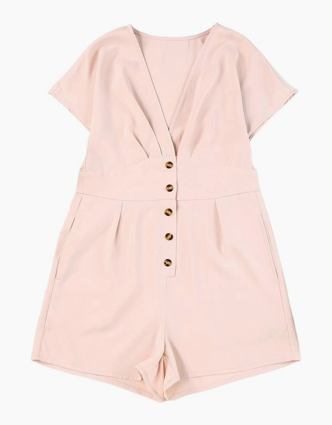 Pink Deep V Neck Buttoned High Waist Romper