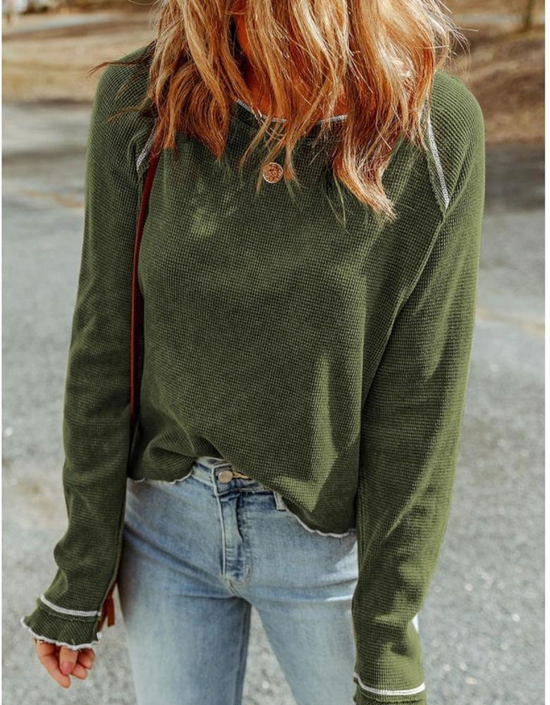 Green Textured Round Neck Long Sleeve Top