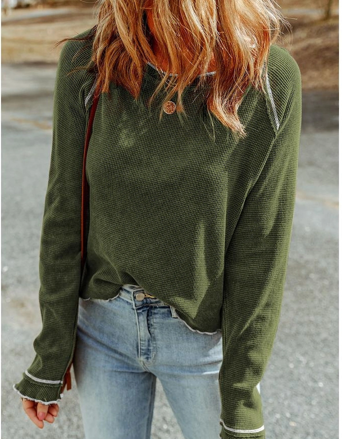 Green Textured Round Neck Long Sleeve Top