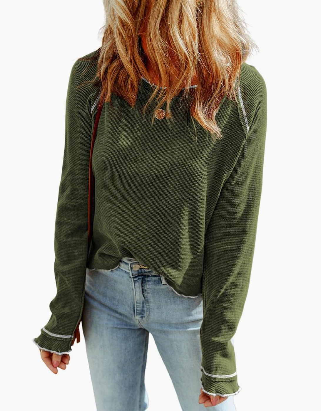Green Textured Round Neck Long Sleeve Top