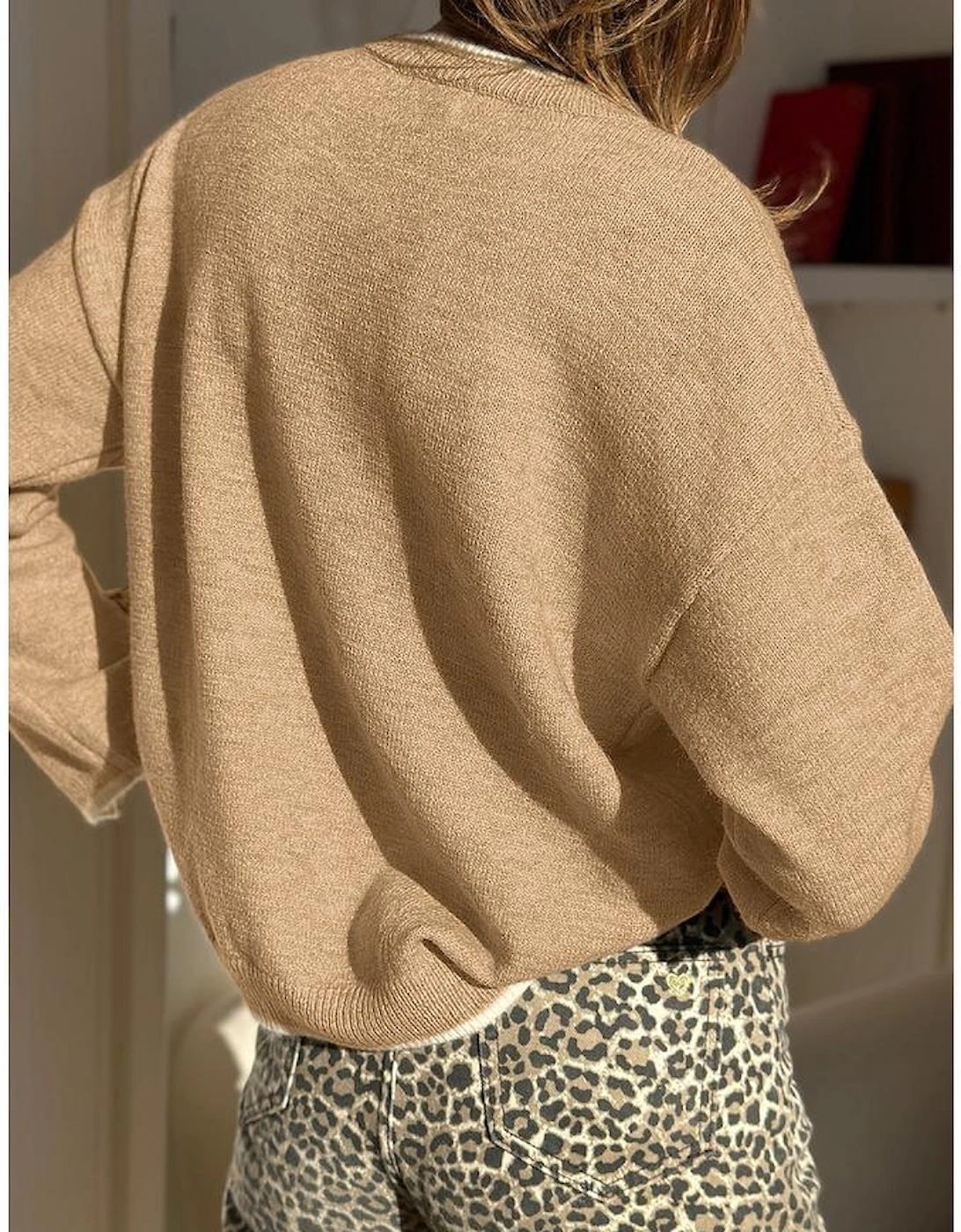 Tan Leopard Bow Decor Split Cuff Contrast Trim Sweater, 4 of 3