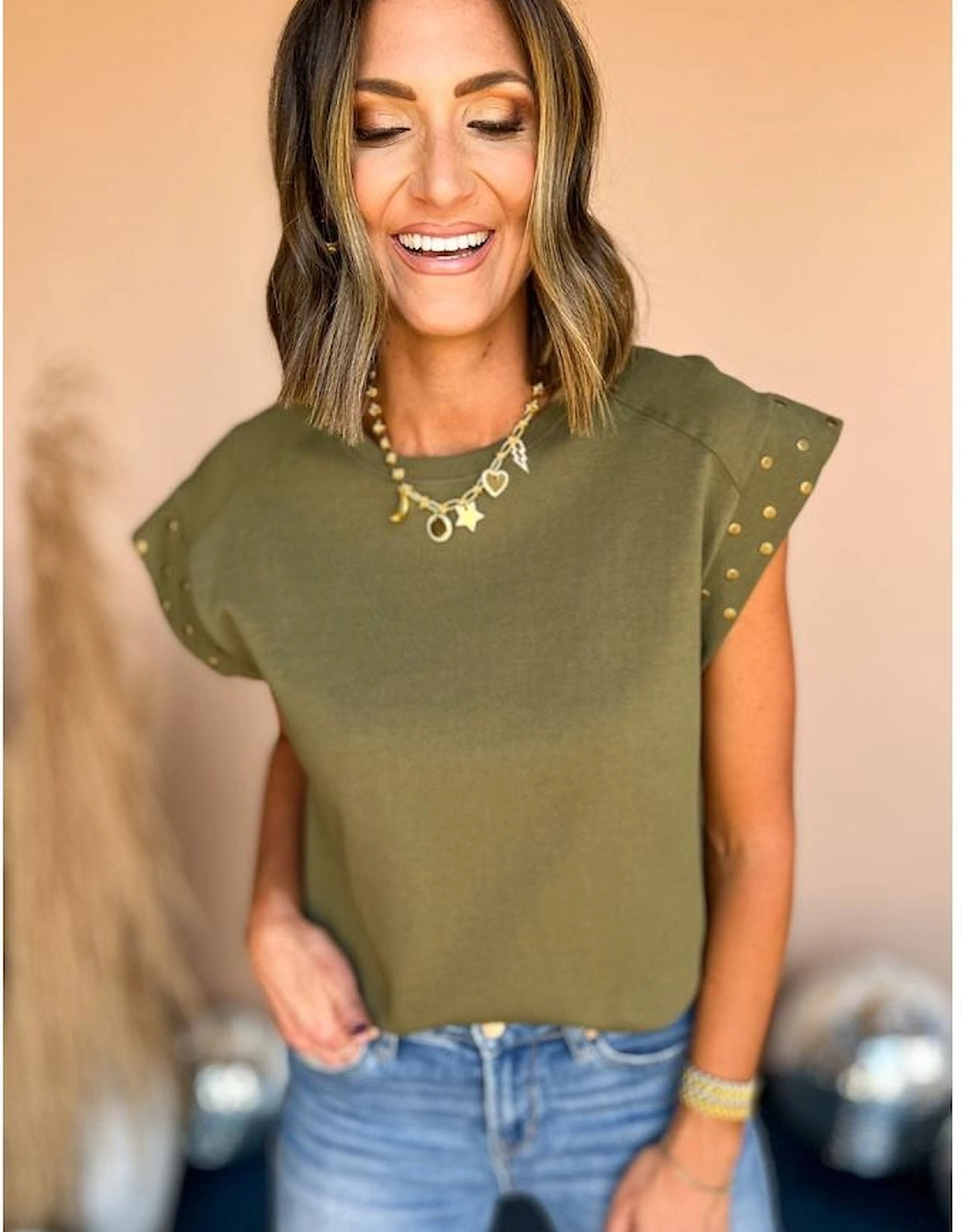 Guacamole Green Studded Short Sleeve Top