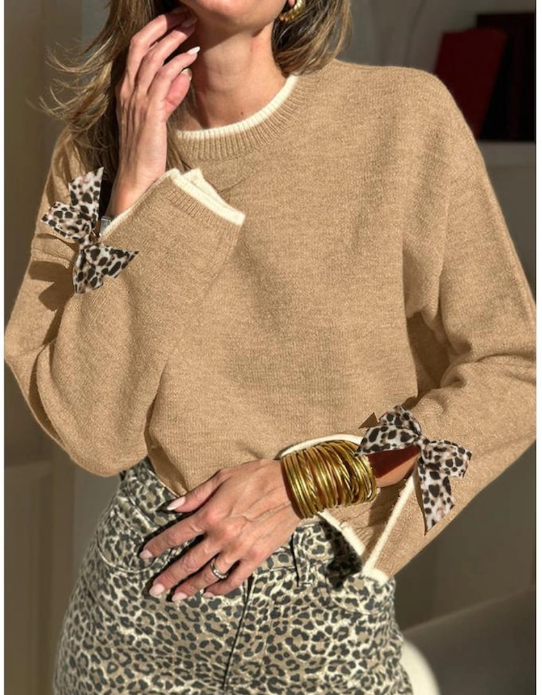 Tan Leopard Bow Decor Split Cuff Contrast Trim Sweater