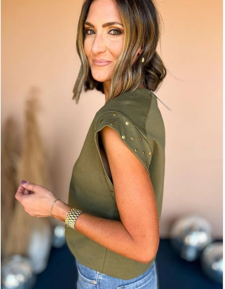 Guacamole Green Studded Short Sleeve Top