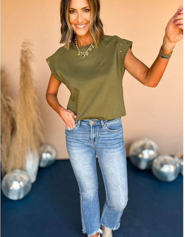 Guacamole Green Studded Short Sleeve Top