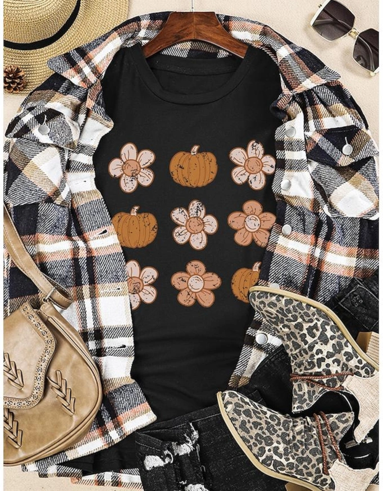 Black Pumpkin Flower Print Short Sleeve Graphic Top
