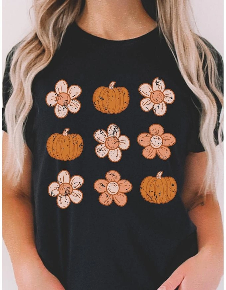 Black Pumpkin Flower Print Short Sleeve Graphic Top