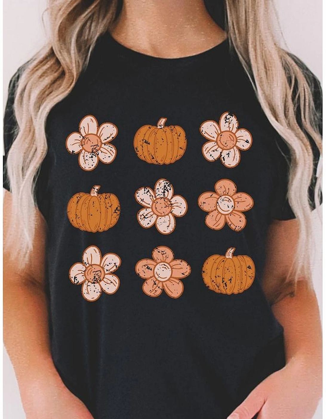 Black Pumpkin Flower Print Short Sleeve Graphic Top