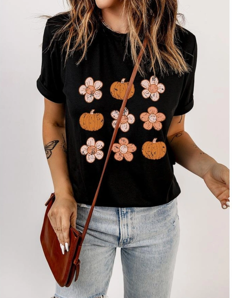 Black Pumpkin Flower Print Short Sleeve Graphic Top