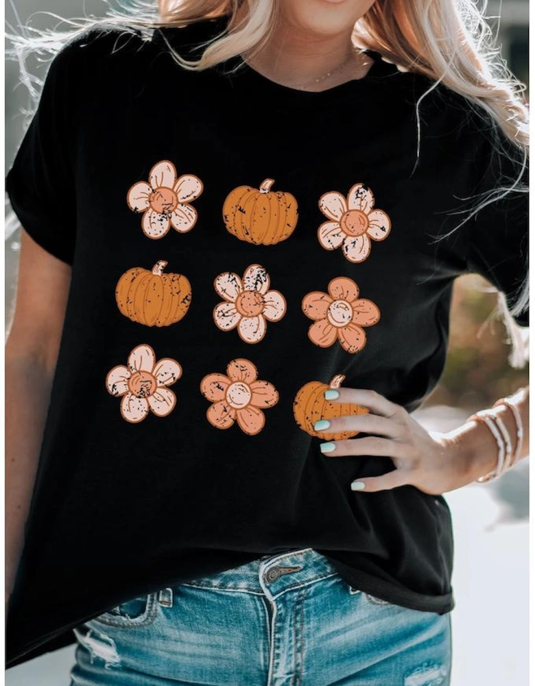 Black Pumpkin Flower Print Short Sleeve Graphic Top