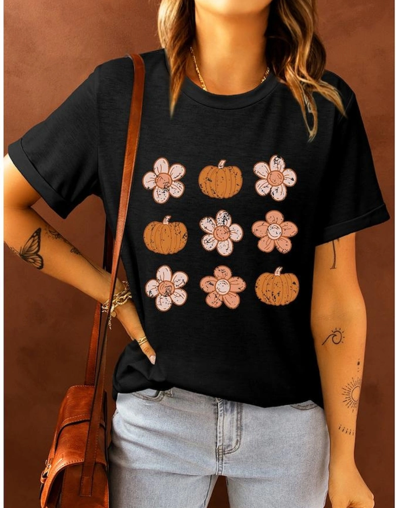 Black Pumpkin Flower Print Short Sleeve Graphic Top