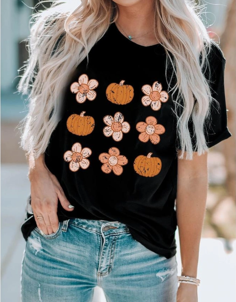 Black Pumpkin Flower Print Short Sleeve Graphic Top