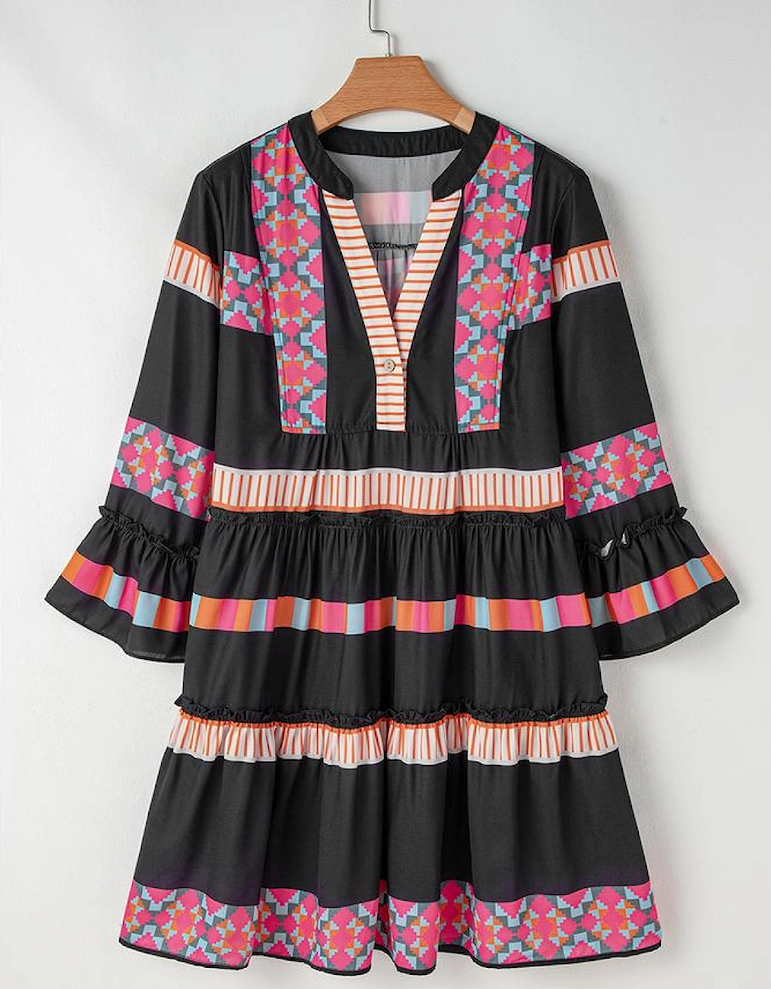 Black Ethnic Print Buttoned V Neck Bell Sleeve Ruffle Patchwork Dress