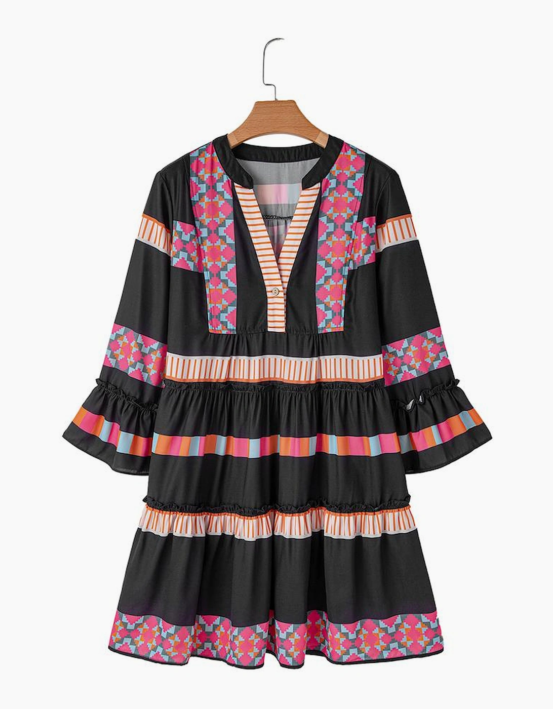 Black Ethnic Print Buttoned V Neck Bell Sleeve Ruffle Patchwork Dress