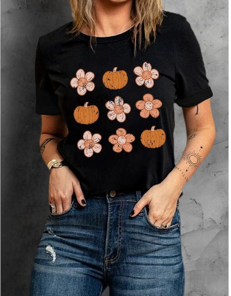 Black Pumpkin Flower Print Short Sleeve Graphic Top