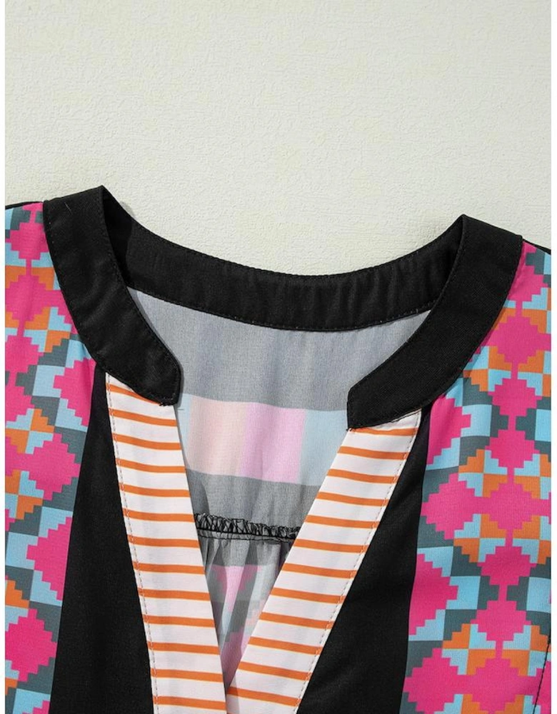 Black Ethnic Print Buttoned V Neck Bell Sleeve Ruffle Patchwork Dress