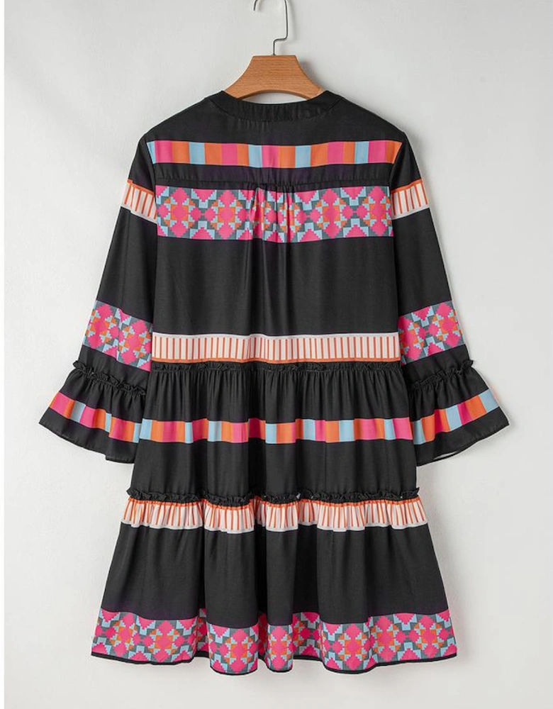 Black Ethnic Print Buttoned V Neck Bell Sleeve Ruffle Patchwork Dress