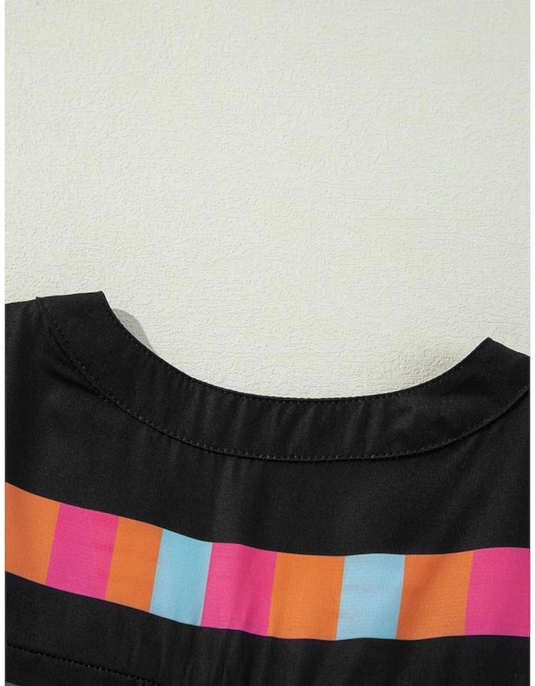 Black Ethnic Print Buttoned V Neck Bell Sleeve Ruffle Patchwork Dress