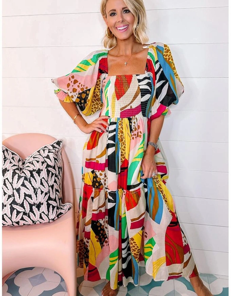 White Square Neck Smocked Abstract Print Boho Maxi Dress