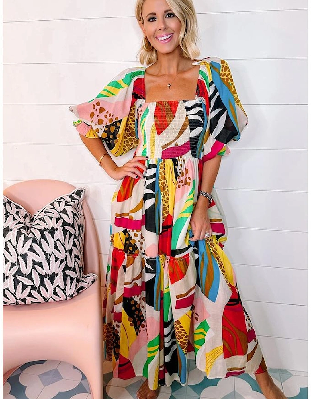 White Square Neck Smocked Abstract Print Boho Maxi Dress