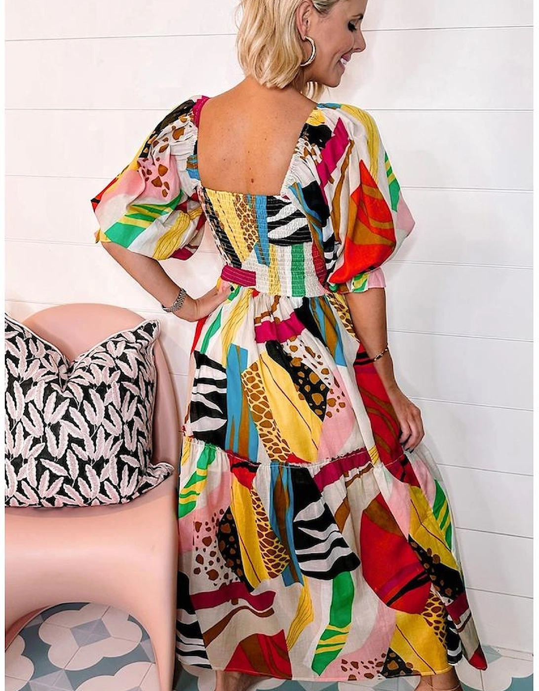 White Square Neck Smocked Abstract Print Boho Maxi Dress