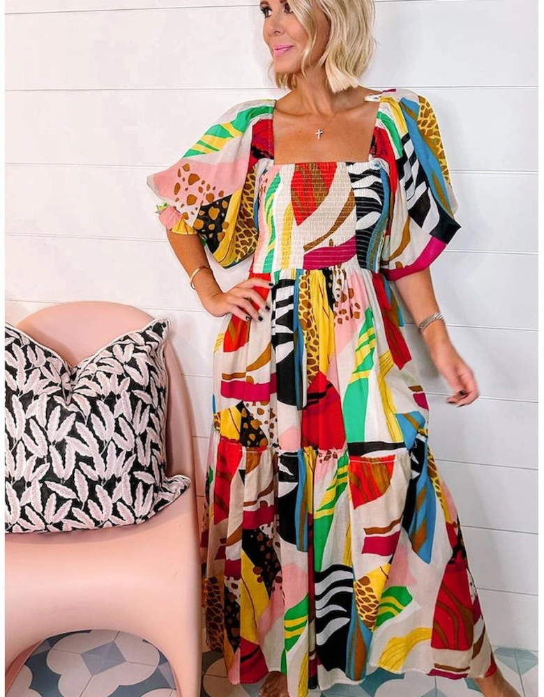 White Square Neck Smocked Abstract Print Boho Maxi Dress