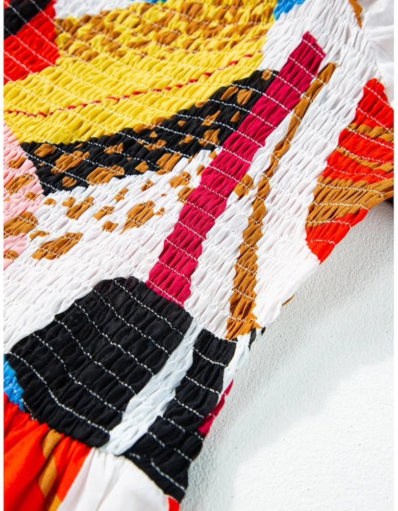 White Square Neck Smocked Abstract Print Boho Maxi Dress