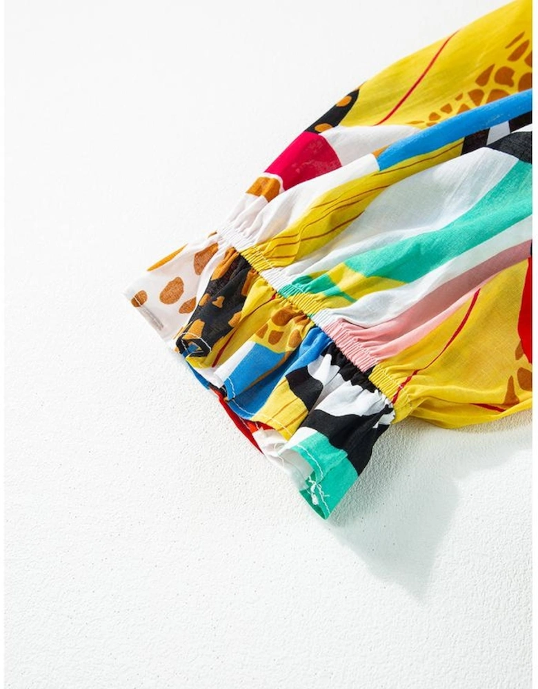 White Square Neck Smocked Abstract Print Boho Maxi Dress