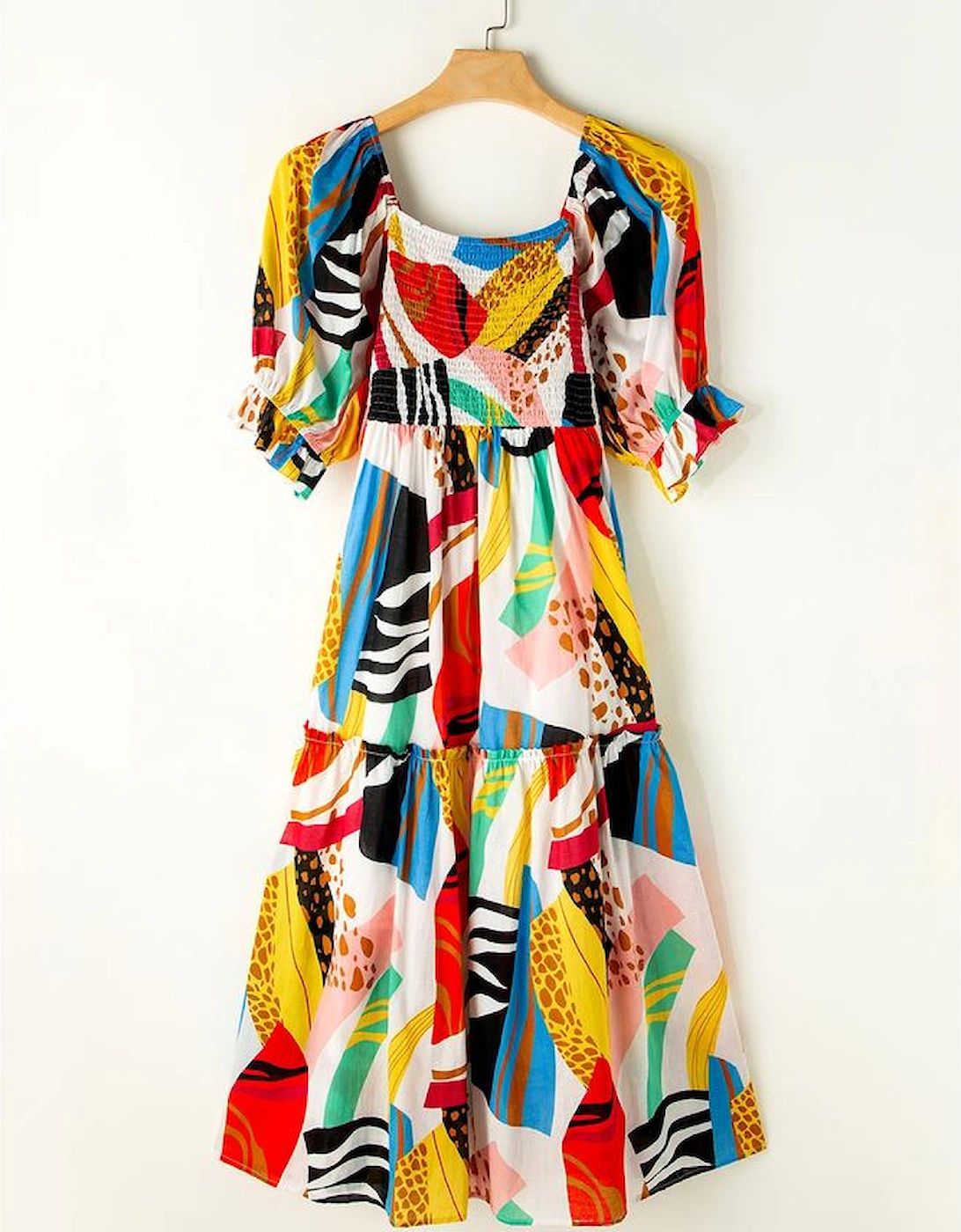 White Square Neck Smocked Abstract Print Boho Maxi Dress