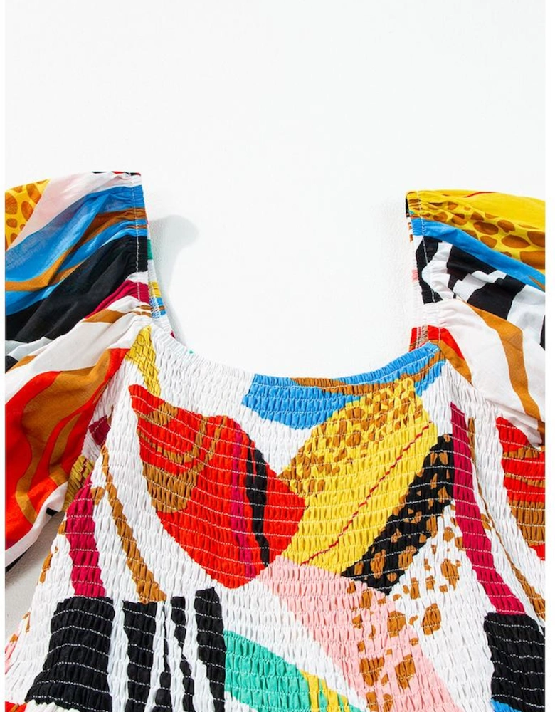 White Square Neck Smocked Abstract Print Boho Maxi Dress