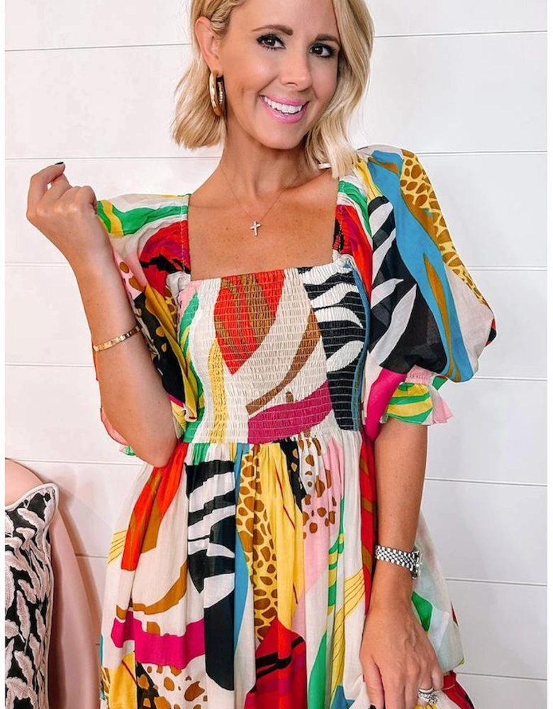 White Square Neck Smocked Abstract Print Boho Maxi Dress